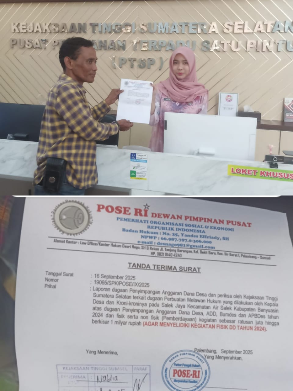 Rp1 Miliar Dana Desa Diduga Diselewengkan, POSE RI Resmi Laporkan Kades Salek Jaya ke Kejati Sumsel