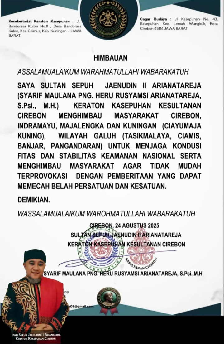 Sultan Sepuh Keraton Kasepuhan Cirebon Himbau Masyarakat Jaga Kondusivitas dan Persatuan