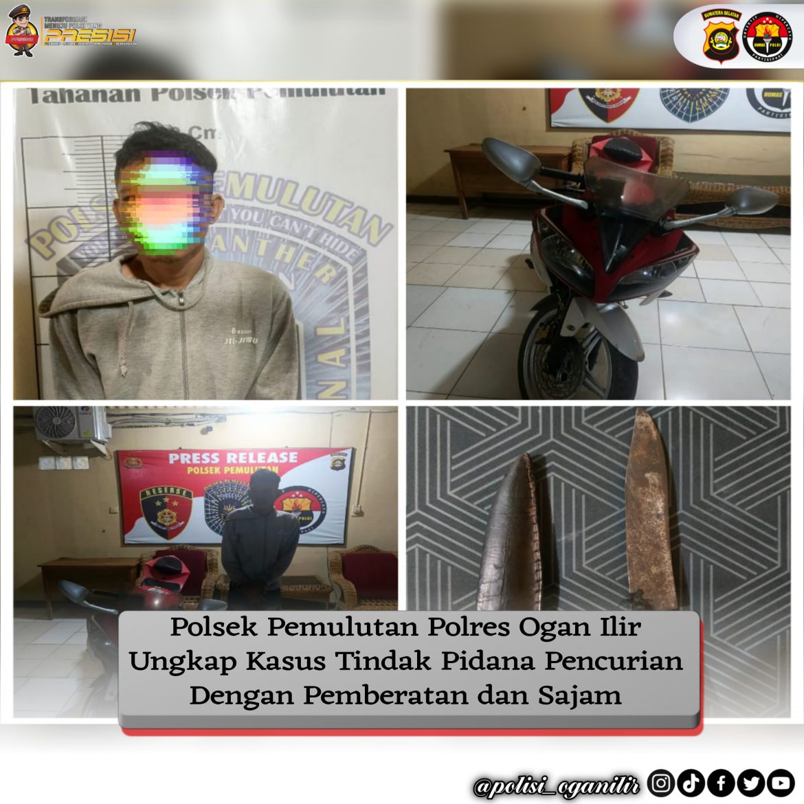 Polres Ogan Ilir – Polsek Pemulutan Ungkap Kasus Curanmor, Satu Pelaku Diamankan, Satu Sajam Disita