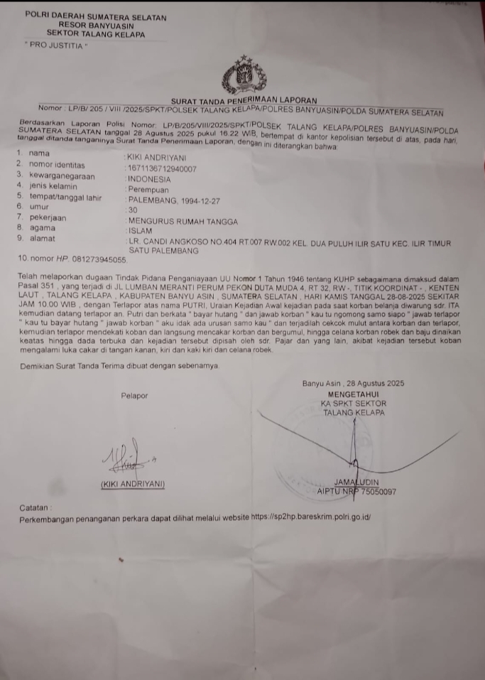 Hampir 5 bulan Aduan LP Penganiayaan Tidak Berjalan Profesionalisme Polsek Talang Kelapa Dipertanyakan