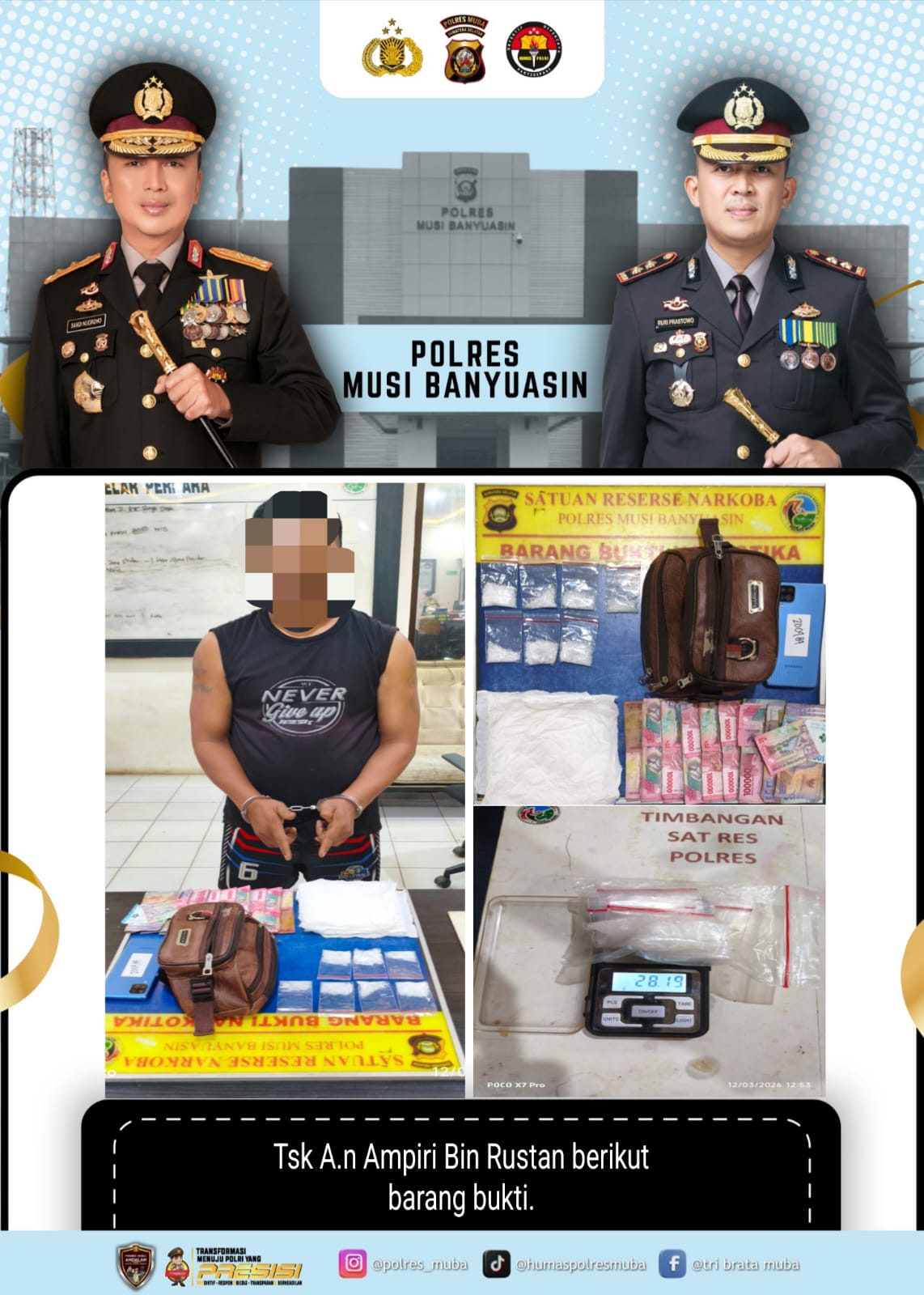 Menjelang Operasi Ketupat Musi 2026, Polisi Tangkap Dua Pengedar Sabu di Muba