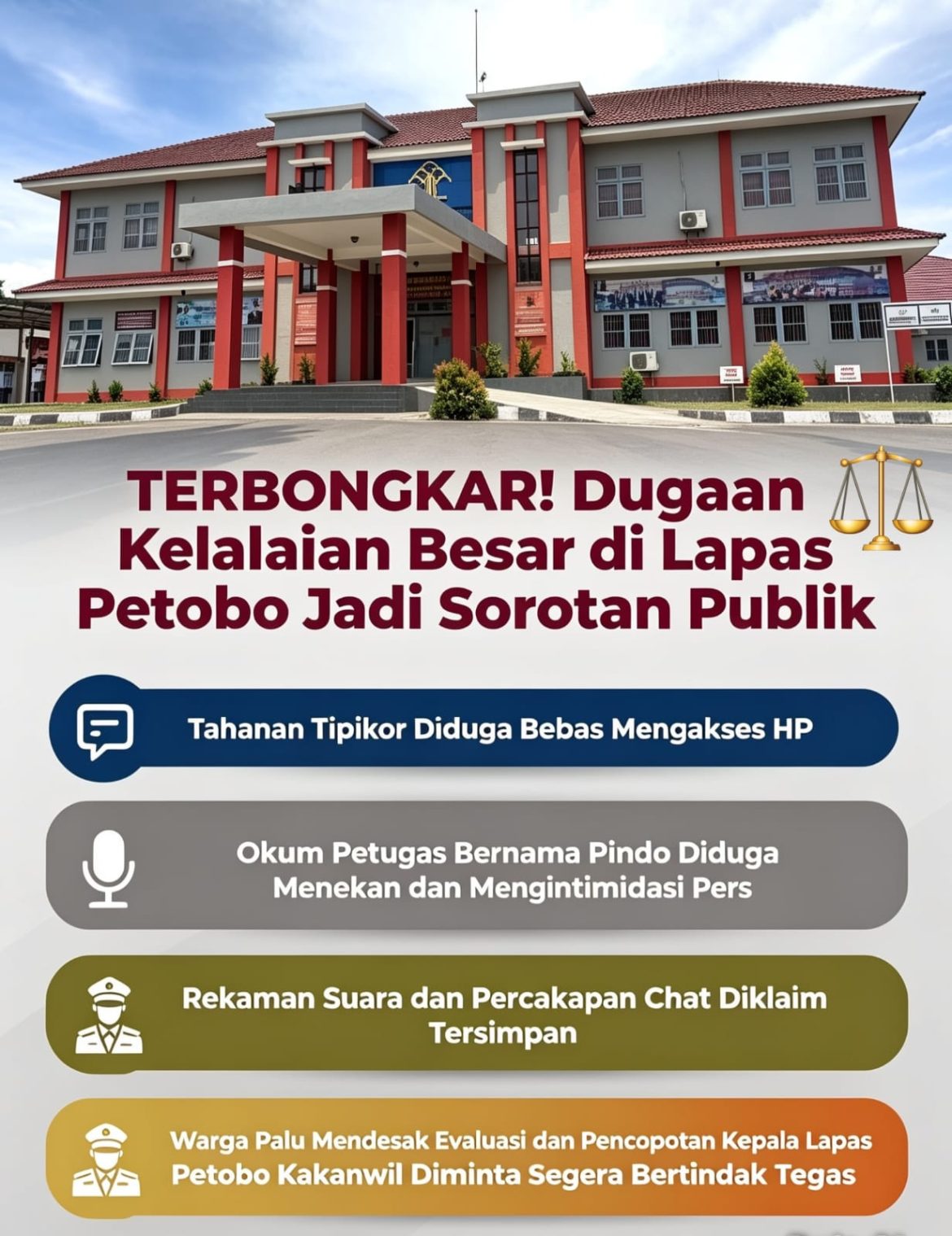 TERBONGKAR! Dugaan Kelalaian Besar di Lapas Petobo Jadi Sorotan Publik, – Tahanan Tipikor Diduga Bebas Mengakses HP, Oknum Petugas yang Dikenal dengan Panggilan “Pindo” Diduga Menekan dan Mengintimidasi Pers, Rekaman Suara dan Percakapan Chat Diklaim Tersimpan. Warga Palu Mendesak Evaluasi dan Pencopotan Kepala Lapas Petobo, Kakanwil Diminta Segera Bertindak Tegas