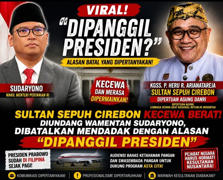 Sultan Sepuh Cirebon Kecewa Berat: Diundang Wamentan Sudaryono, Dibatalkan Mendadak dengan Alasan “Dipanggil Presiden” Saat Presiden Prabowo Sudah di Filipina. Rd.Sandy Tumiwa : benar dipanggil apa hanya Alasan ? “