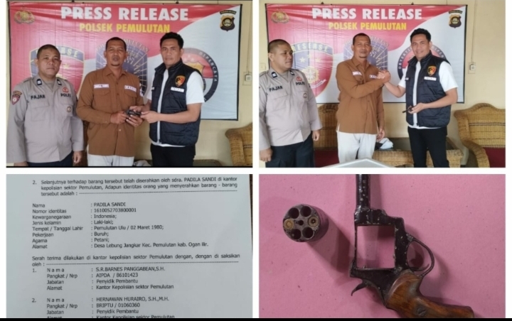 WARGA DESA LEBUNG JANGKAR SERAHKAN SENPI RAKITAN, POLSEK PEMULUTAN OGAN ILIR APRESIASI KESADARAN MASYARAKAT