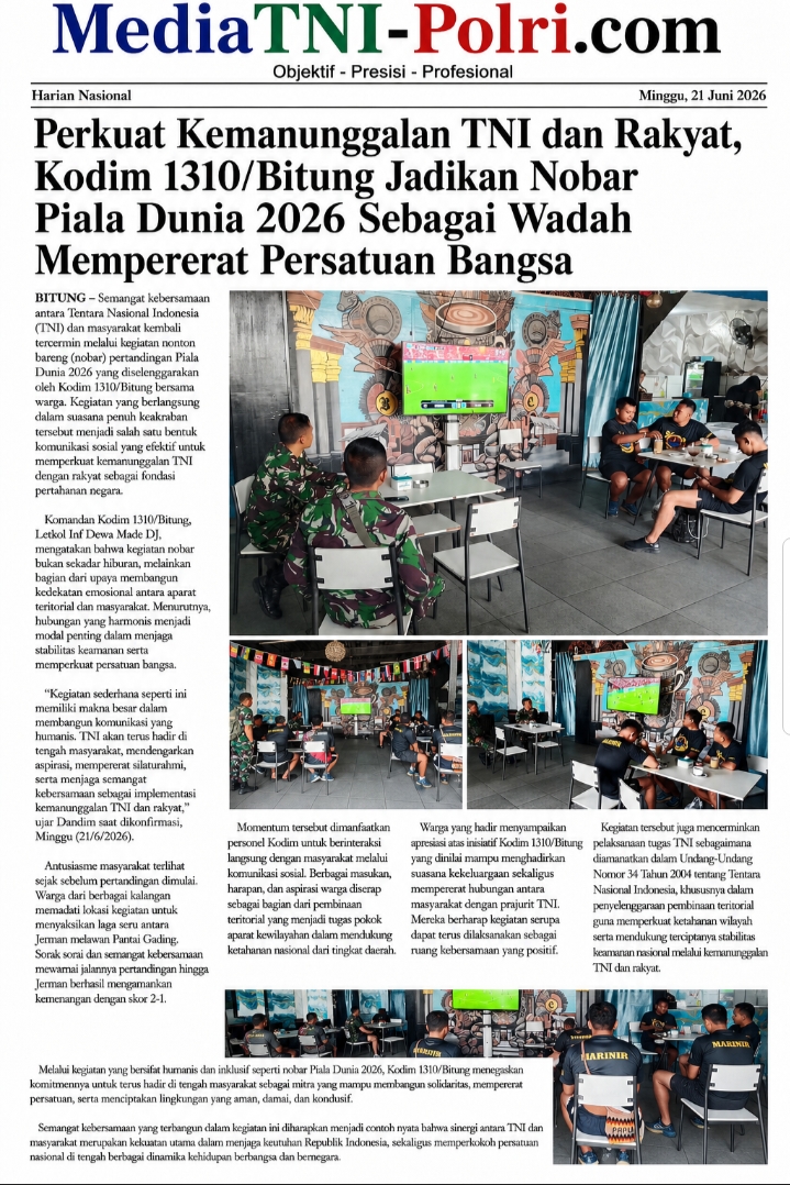 Perkuat Kemanunggalan TNI dan Rakyat, Kodim 1310/Bitung Jadikan Nobar Piala Dunia 2026 Sebagai Wadah Mempererat Persatuan Bangsa