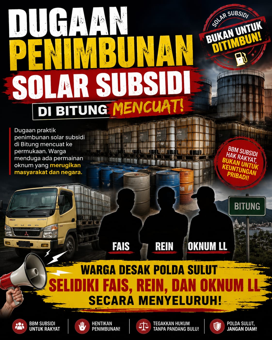 Dugaan Penimbunan Solar Subsidi di Bitung Mencuat, Warga Desak Polda Sulut Selidiki Fais, Rein, dan Oknum LL Secara Menyeluruh