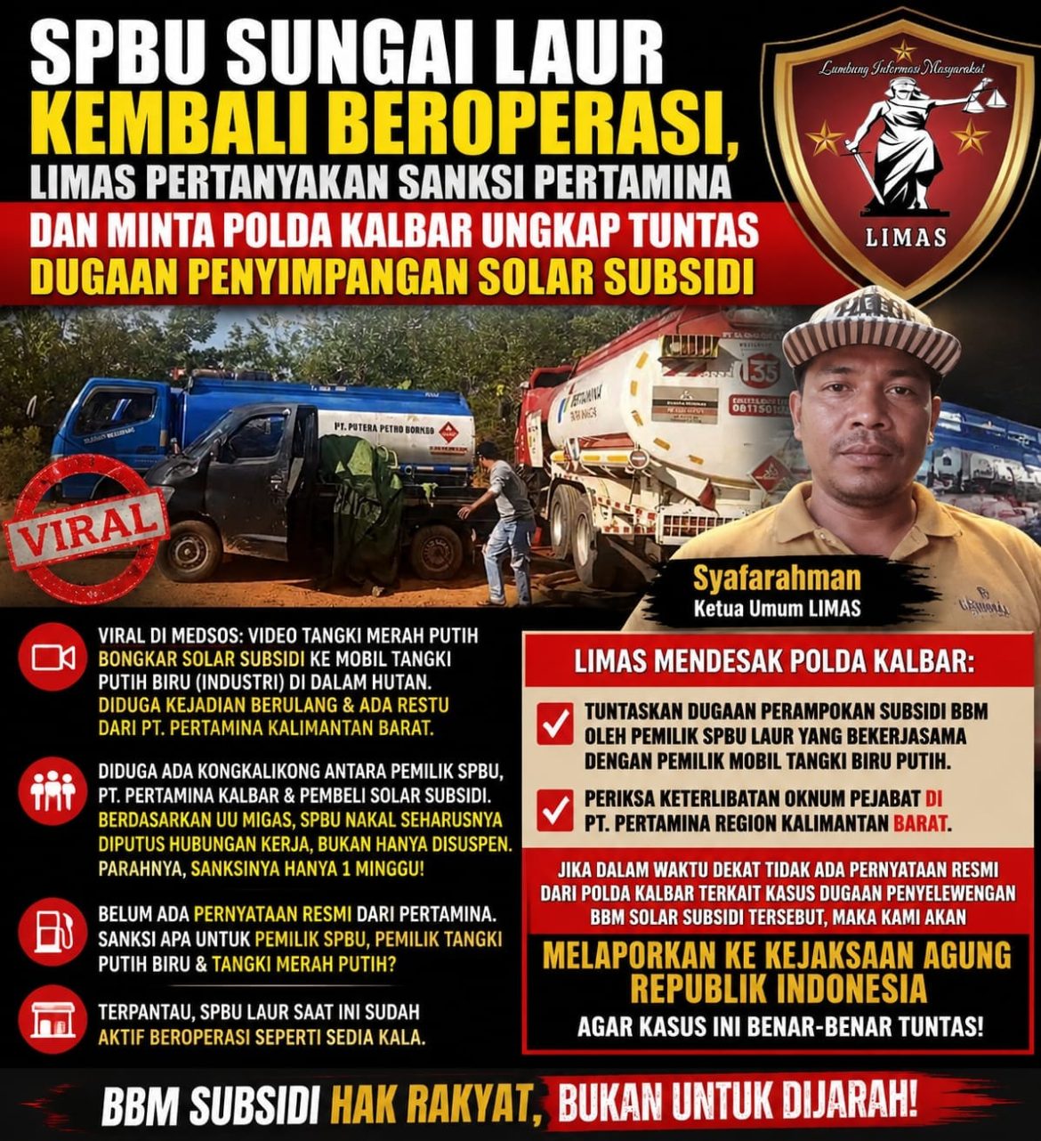 SPBU Sungai Laur Kembali Beroperasi, LIMAS Pertanyakan Sanksi Pertamina dan Minta Polda Kalbar Ungkap Tuntas Dugaan Penyimpangan Solar Subsidi