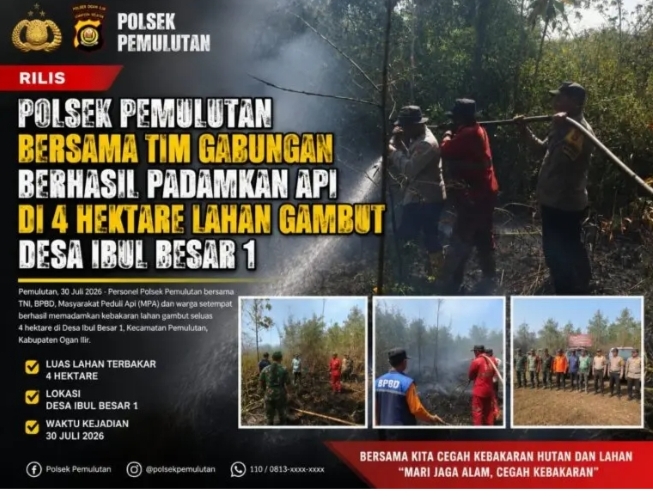 Polsek Pemulutan Bersama Tim Gabungan Berhasil Padamkan Api di 4 Hektare Lahan Gambut Desa Ibul Besar 1