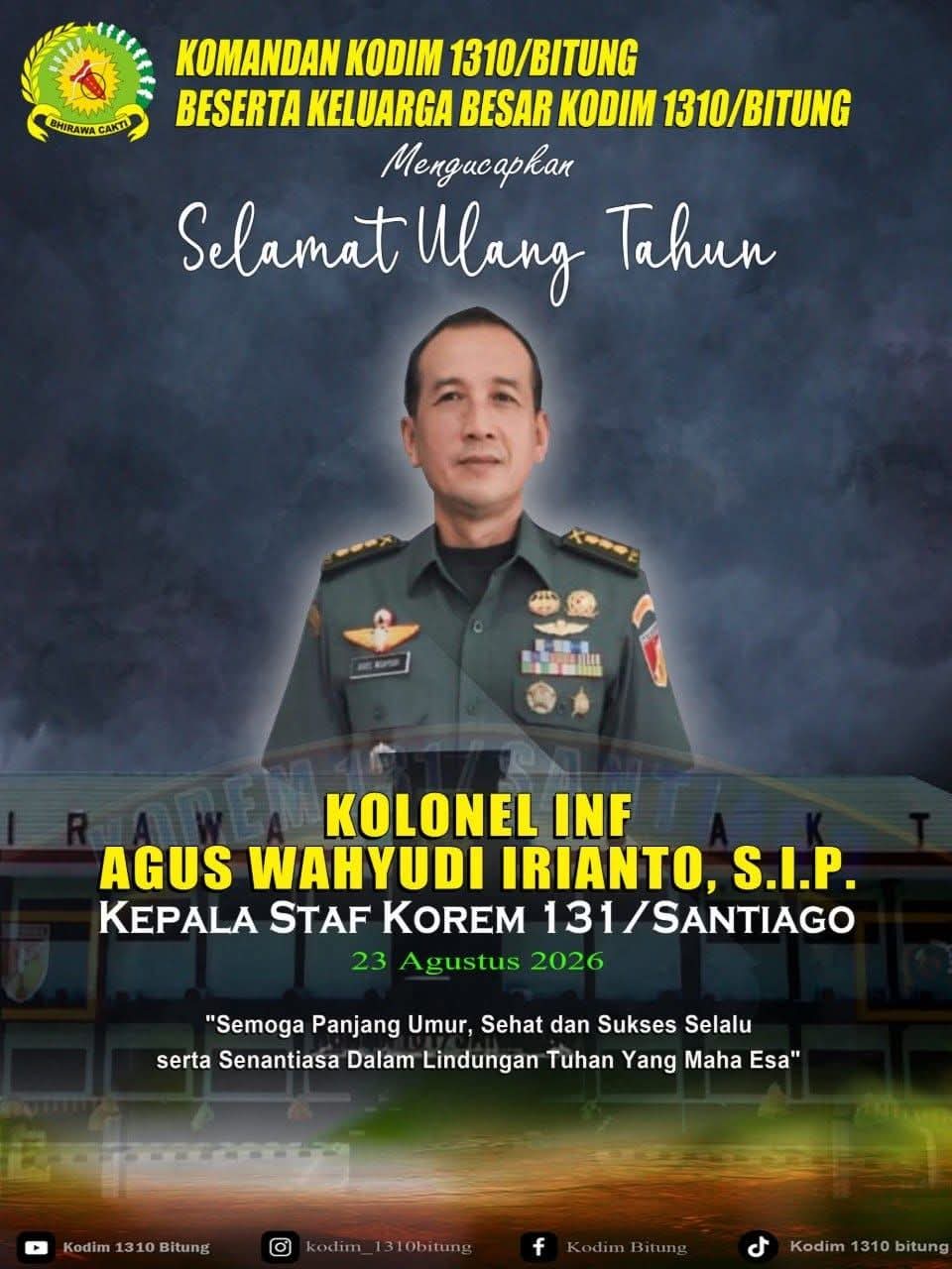 Selamat Ulang Tahun Kolonel Inf Agus Wahyudi Irianto, Tetap Teguh dalam Pengabdian kepada NKRI   ‎