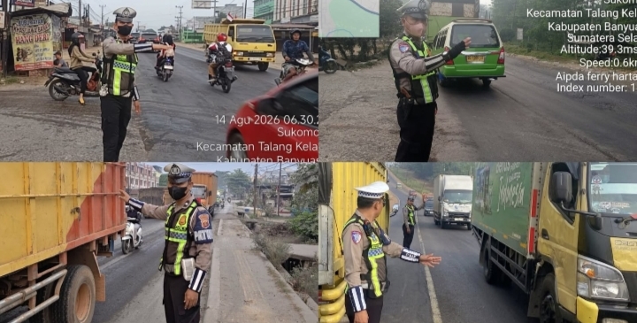 Pastikan Kelancaran Pagi Hari, Satlantas Polres Banyuasin Gelar Strong Point di Sejumlah Titik