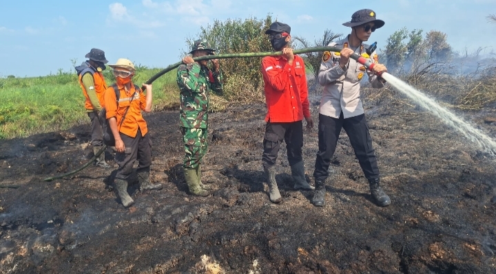 Polsek Rantau Bayur Cek Titik Hotspot, Petugas Bersama BPBD Padamkan Karhutla di Lahan Gambut