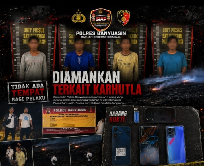 33 Hektar Lahan Hangus Dilalap Api, 4 Pelaku Pembakaran Diamankan Polres Banyuasin