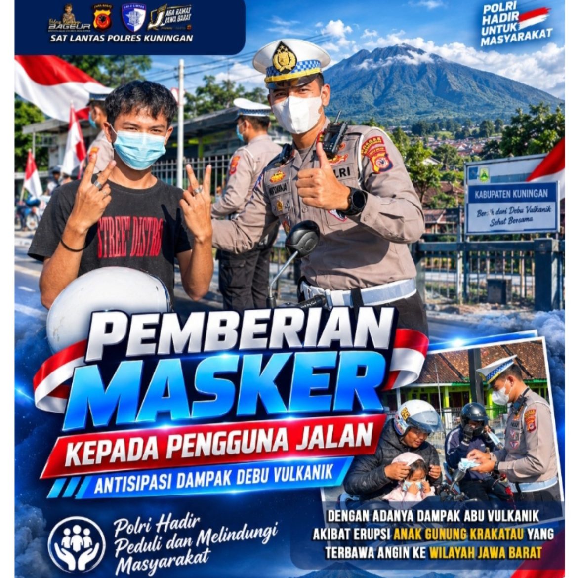 Antisipasi Abu Vulkanik, Polres Kuningan Bagikan Masker Gratis kepada Pengguna Jalan