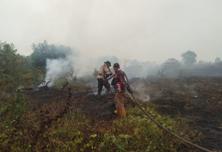Polisi Bersama MPA Padamkan Karhutla di Desa Sungai Pinang, Api Berhasil Dikendalikan