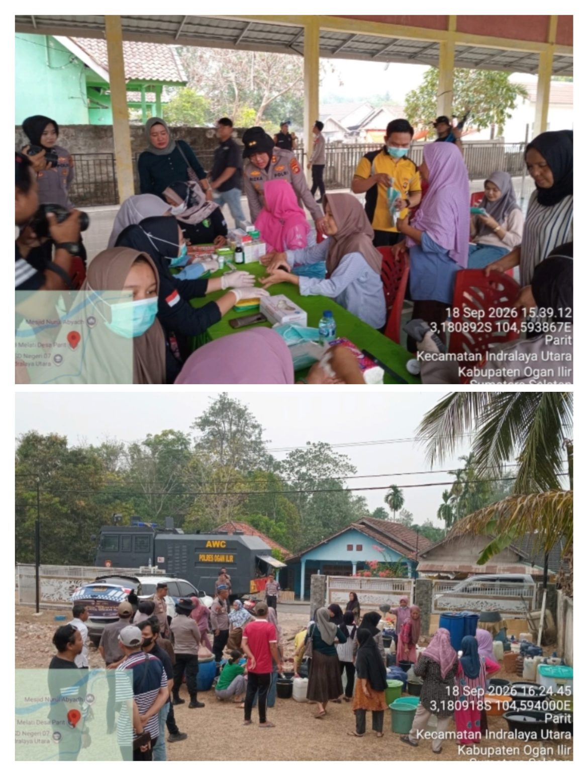 Polres Ogan Ilir Salurkan Air Bersih dan Layanan Kesehatan untuk Warga Desa Parit kecamatan Indralaya Utara