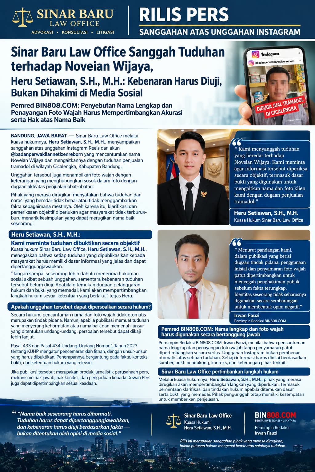 Sinar Baru Law Office Sanggah Tuduhan terhadap Noveian Wijaya, Heru Setiawan, S.H., M.H.: Kebenaran Harus Diuji, Bukan Dihakimi di Media Sosial