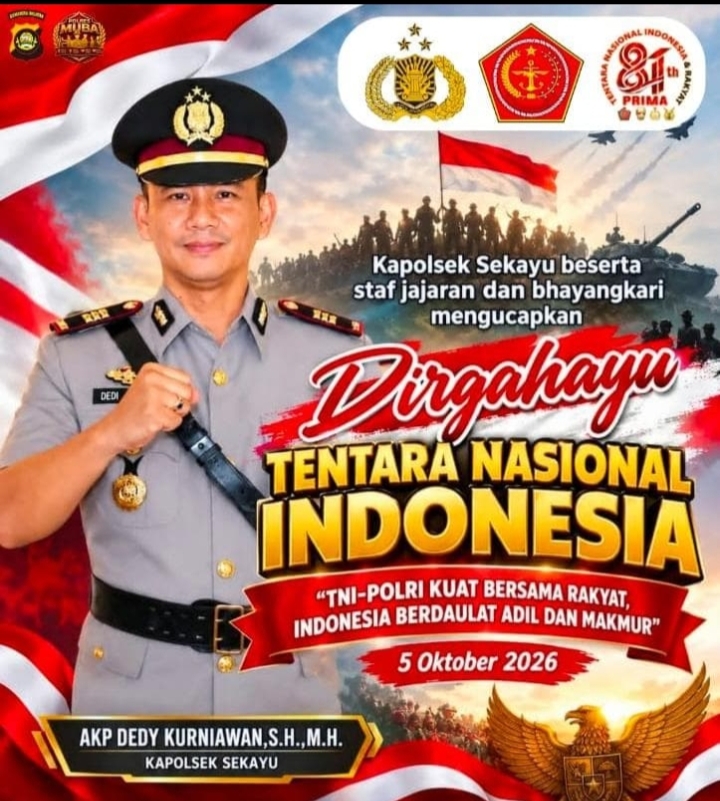 Kapolsek Sekayu AKP Dedy Kurniawan, S.H., M.H. Ucapkan Selamat HUT ke-81 TNI: TNI-Polri Kuat, Bersama Rakyat Indonesia Berdaulat