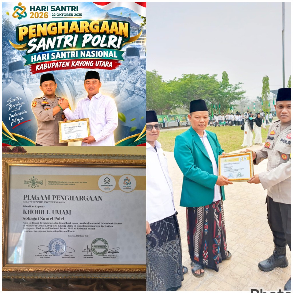 Bhabinkamtibmas Polsek Sukadana Brigpol Khoirul Umam Terima Piagam Penghargaan pada Peringatan Hari Santri 2026