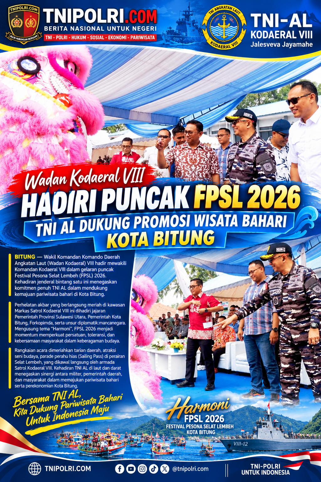 Wadan Kodaeral VIII Hadiri Puncak FPSL 2026, TNI AL Dukung Promosi Wisata Bahari Kota Bitung